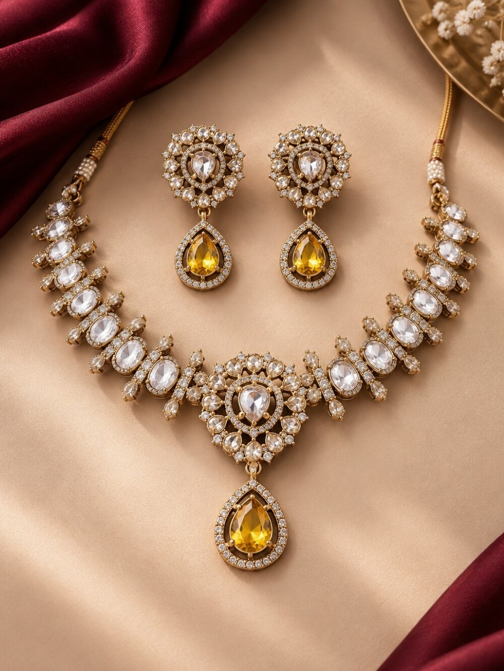 Yellow Zircon Polki Necklace Set with Matching Earrings